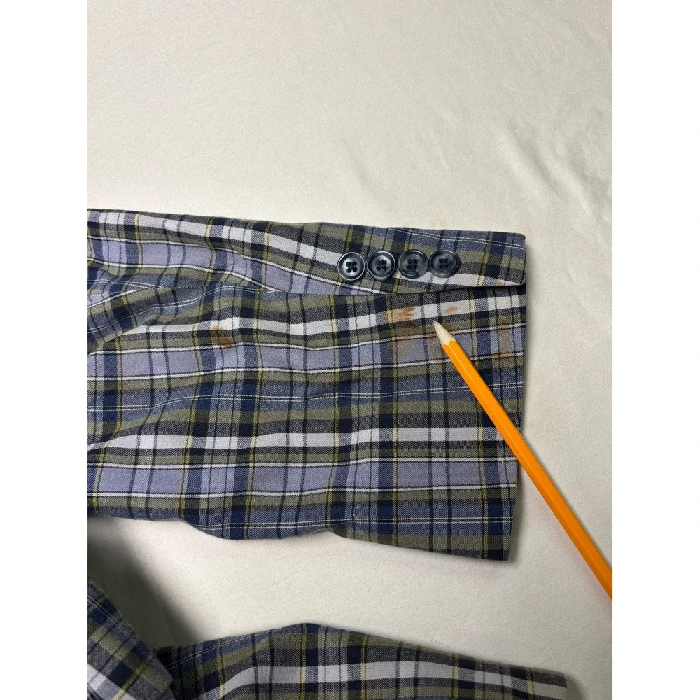 Jos A Bank Mens 44S Plaid Sport Coat Blue Green White 100% Cotton Blazer